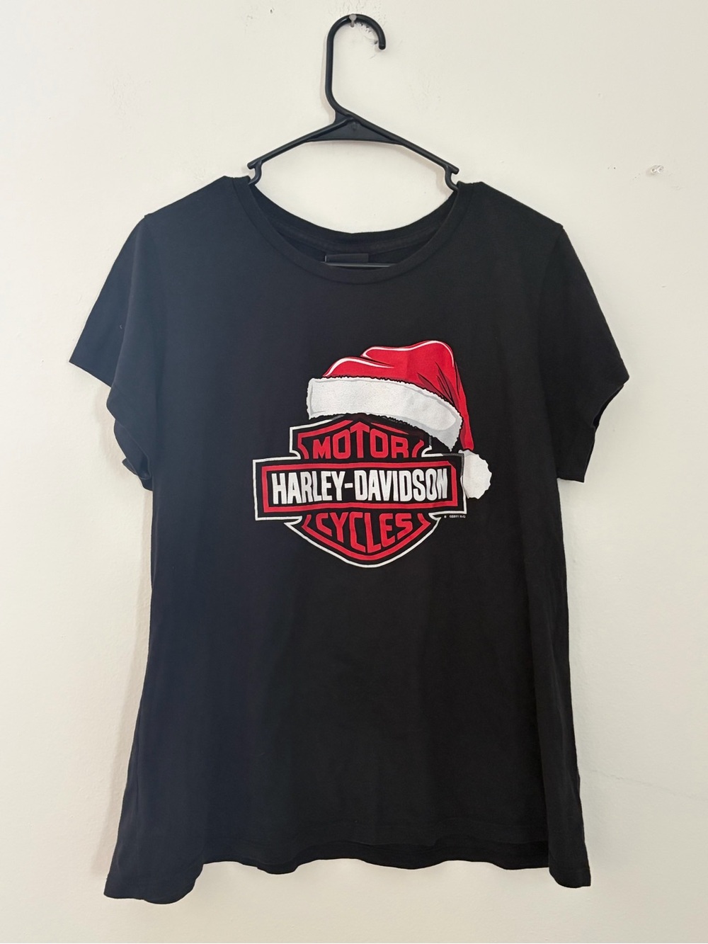 Harley-Davidson Black Tee with Red and White Santa Hat Logo